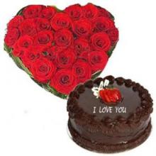 Heart Shaped Arrangement of 24 Red Roses and 1 kg Chocolate Cake Heart Shaped Arrangement of 24 Red Roses and 1 kg Chocolate Cake